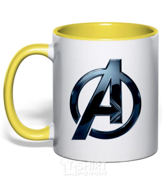 Mug with a colored handle Avengers logo metal yellow фото