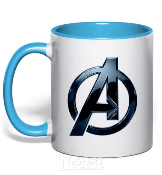 Mug with a colored handle Avengers logo metal sky-blue фото