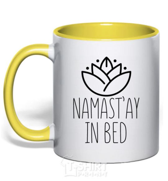 Mug with a colored handle Namast'ay in bed yellow фото