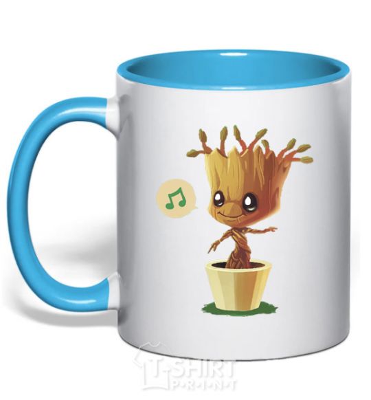 Mug with a colored handle Little Groot in a pot sky-blue фото