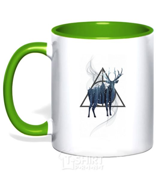 Mug with a colored handle A deer in a triangle kelly-green фото