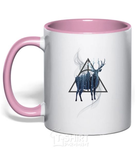 Mug with a colored handle A deer in a triangle light-pink фото