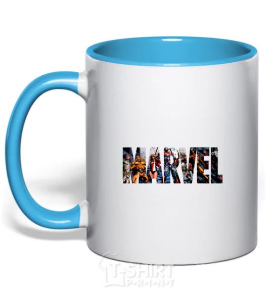 Mug with a colored handle Marvel bright logo sky-blue фото