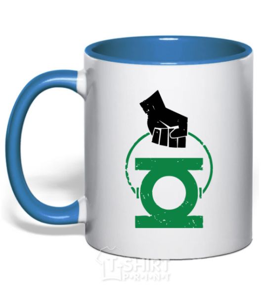 Mug with a colored handle A hand holding a green lantern royal-blue фото