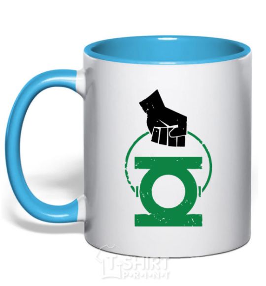 Mug with a colored handle A hand holding a green lantern sky-blue фото