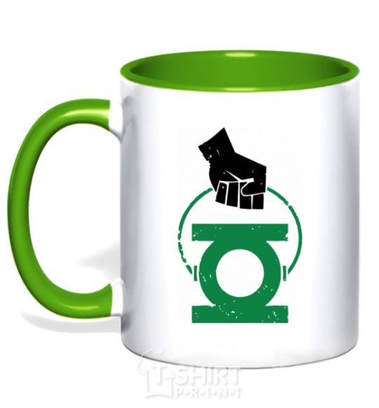 Mug with a colored handle A hand holding a green lantern kelly-green фото