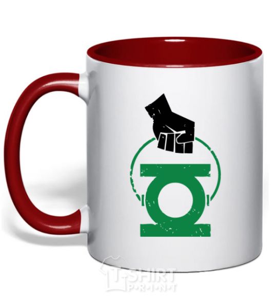 Mug with a colored handle A hand holding a green lantern red фото