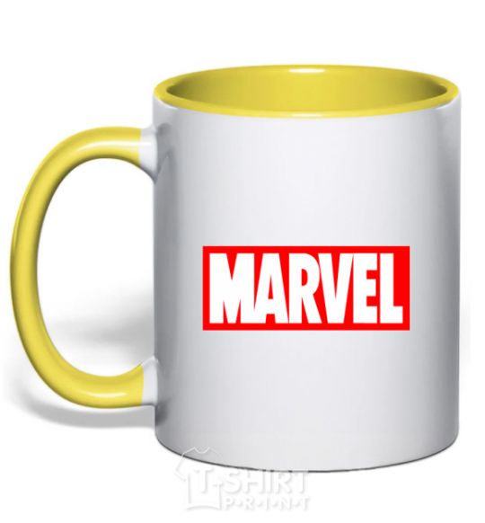 Mug with a colored handle Marvel logo red white yellow фото