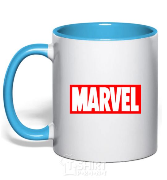 Mug with a colored handle Marvel logo red white sky-blue фото