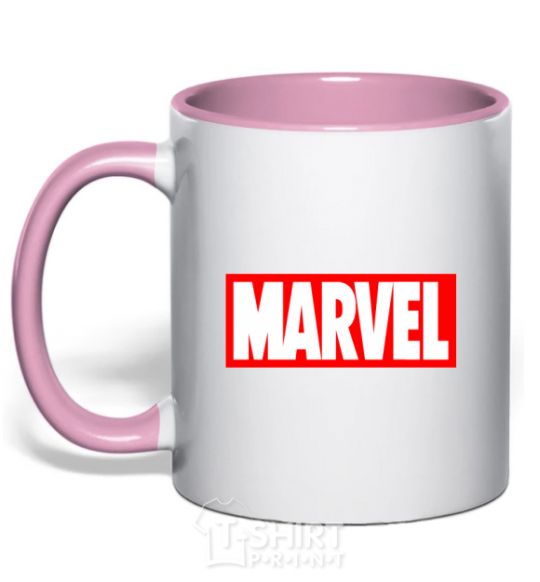 Mug with a colored handle Marvel logo red white light-pink фото