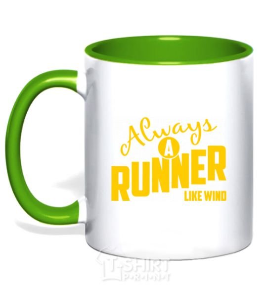 Mug with a colored handle Always a runner like wind kelly-green фото