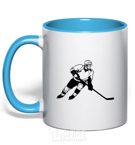 Mug with a colored handle Hockey player sky-blue фото