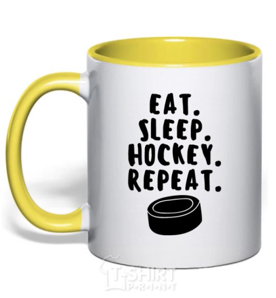 Mug with a colored handle Eat sleep hockey yellow фото