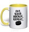 Mug with a colored handle Eat sleep hockey yellow фото