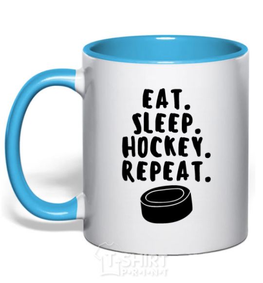 Mug with a colored handle Eat sleep hockey sky-blue фото