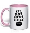 Mug with a colored handle Eat sleep hockey light-pink фото