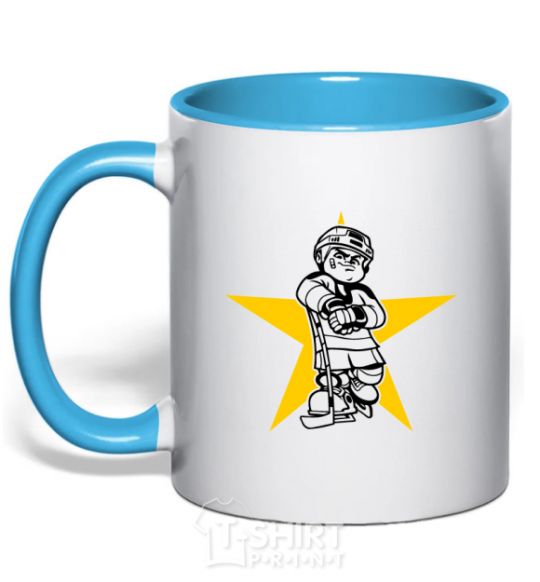 Mug with a colored handle Hockey star sky-blue фото