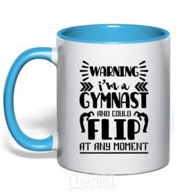 Mug with a colored handle Warning i'm a gymnast sky-blue фото