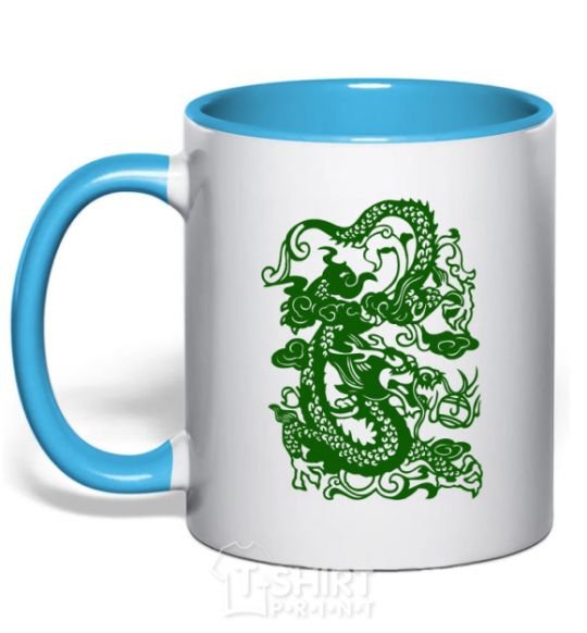 Mug with a colored handle Dragon green sky-blue фото