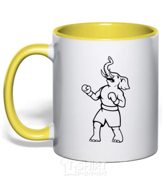 Mug with a colored handle Elephant boxer yellow фото
