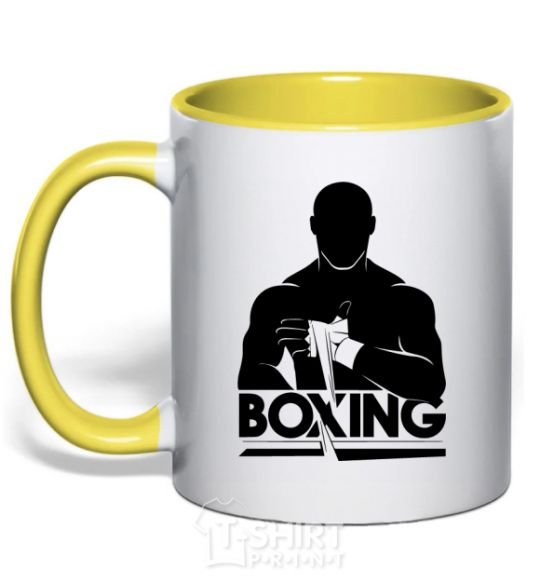 Mug with a colored handle Boxing man yellow фото