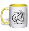 Mug with a colored handle Boxing gloves yellow фото