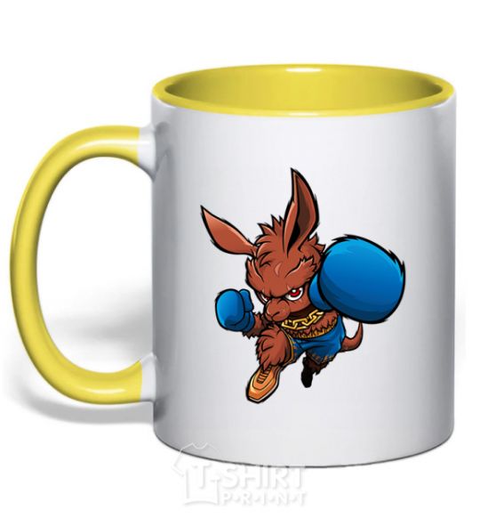Mug with a colored handle Kangaroo boxing yellow фото