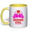 Mug with a colored handle Boxing girl yellow фото