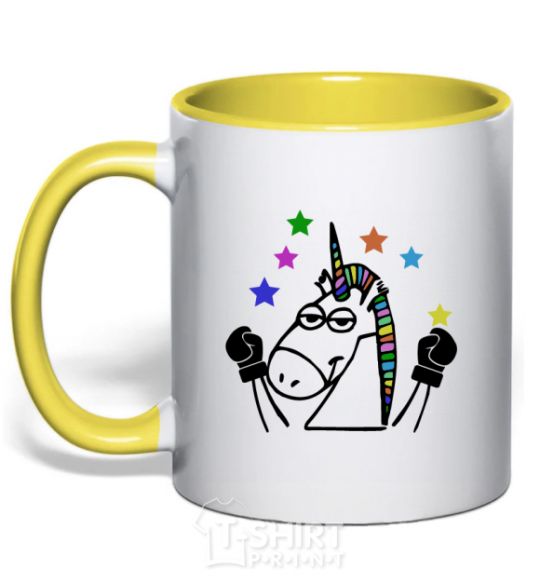 Mug with a colored handle Unicorn fighter yellow фото