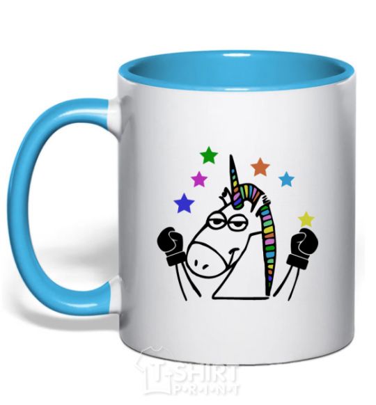 Mug with a colored handle Unicorn fighter sky-blue фото