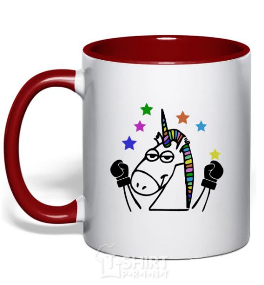 Mug with a colored handle Unicorn fighter red фото