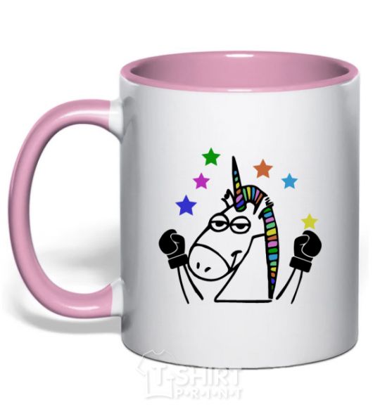 Mug with a colored handle Unicorn fighter light-pink фото