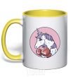 Mug with a colored handle Unicorn Boxer V.1 yellow фото