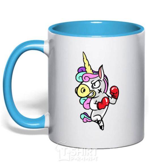Mug with a colored handle Evil unicorn sky-blue фото