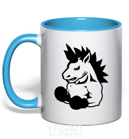 Mug with a colored handle Unicorn Boxer sky-blue фото