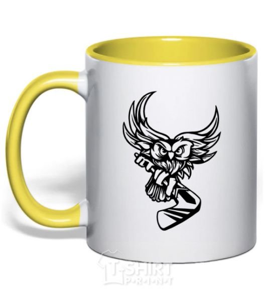 Mug with a colored handle An owl with a hockey stick yellow фото