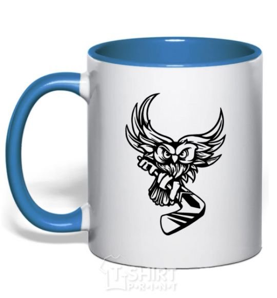 Mug with a colored handle An owl with a hockey stick royal-blue фото