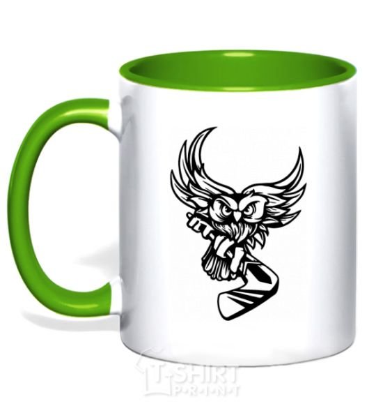 Mug with a colored handle An owl with a hockey stick kelly-green фото