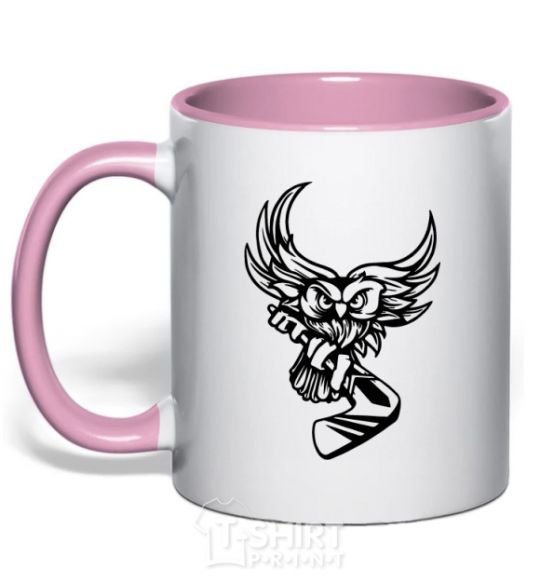 Mug with a colored handle An owl with a hockey stick light-pink фото