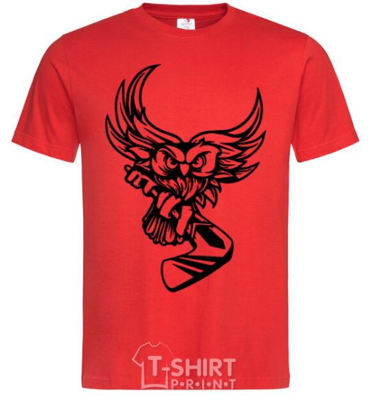 Men's T-Shirt An owl with a hockey stick red фото