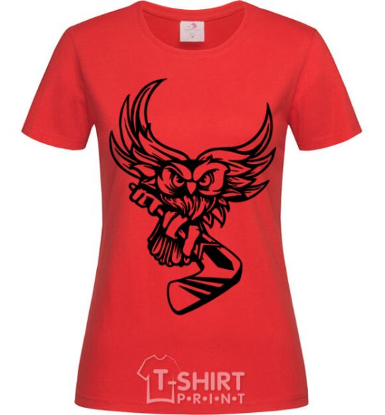 Women's T-shirt An owl with a hockey stick red фото