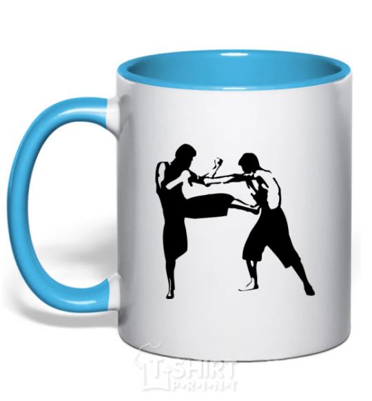 Mug with a colored handle Fighting people sky-blue фото