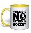 Mug with a colored handle There's no crying in hockey yellow фото