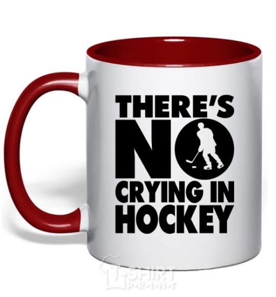 Mug with a colored handle There's no crying in hockey red фото