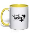Mug with a colored handle Hockey lettering yellow фото