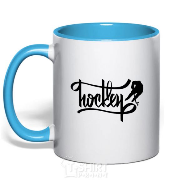 Mug with a colored handle Hockey lettering sky-blue фото