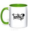 Mug with a colored handle Hockey lettering kelly-green фото