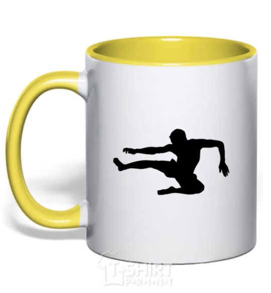 Mug with a colored handle A fighter in a jump yellow фото