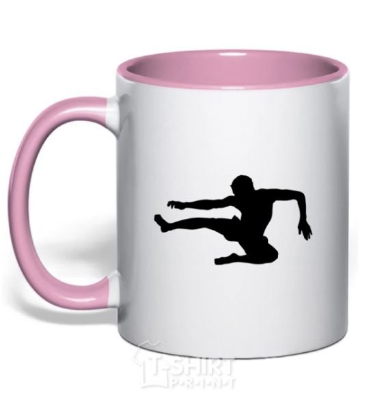 Mug with a colored handle A fighter in a jump light-pink фото