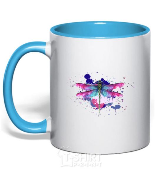 Mug with a colored handle Dragonfly sky-blue фото